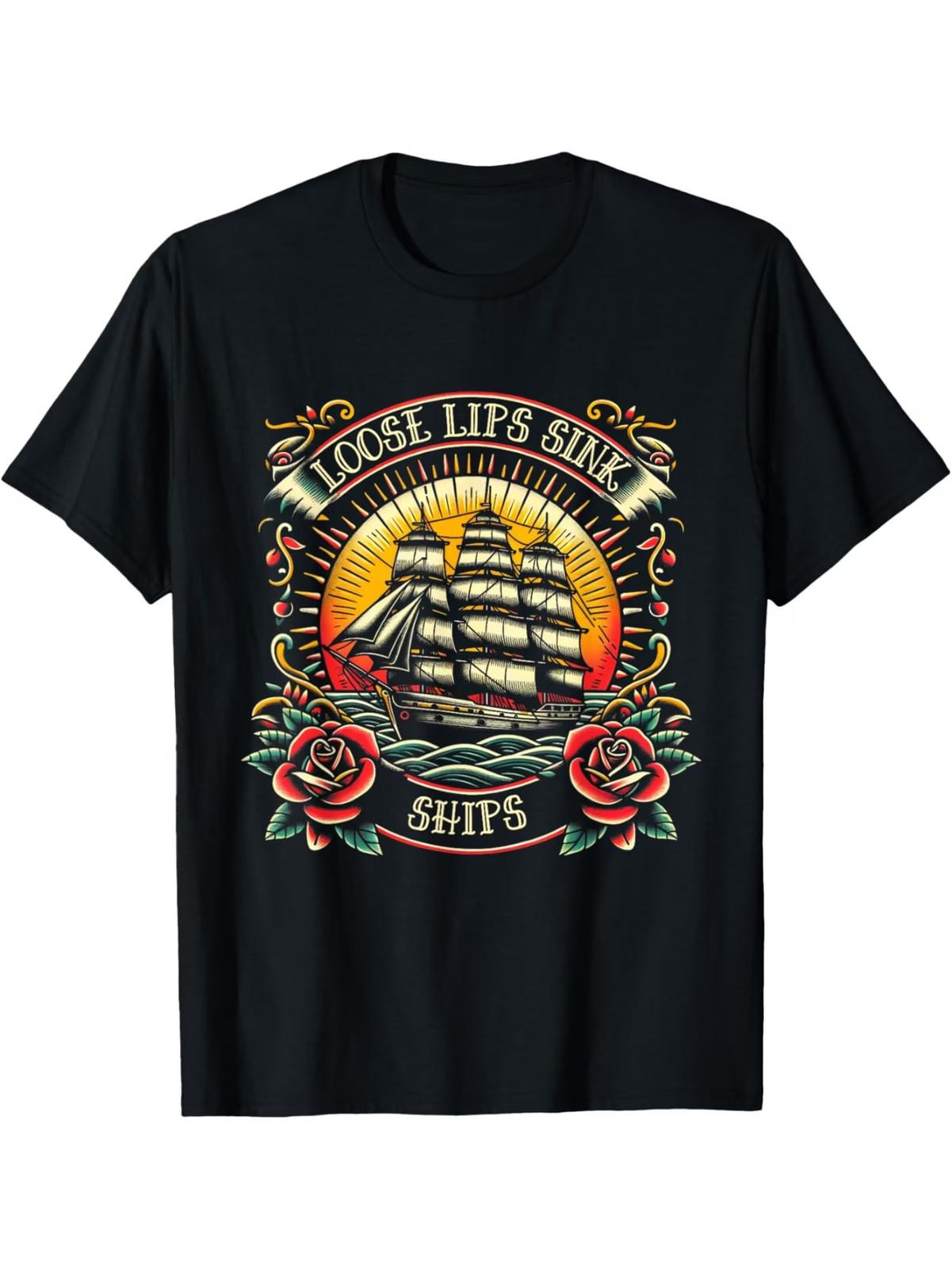 Loose Lips Sink Ships Traditional Nautical Tattoo T-Shirt M