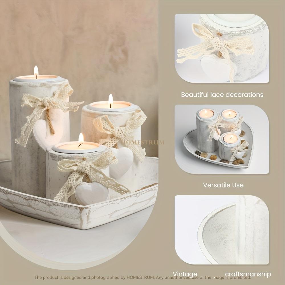 4pcs White Wooden Candlestick Set, Tea Lamp Candlestick Set, Jute Rope Bow Decoration and Decorative Stones, Heart Tray Decorative Bowl, Jewelry Tray