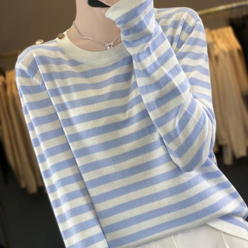 Women's Spring Wool Color Block Striped Long Sleeve Knit Top - Round Neck Loose Pullover Sweater