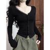 Elegant Lace-Trim V-Neck Slim Fit Long-Sleeve Top for Women - Spring Collection