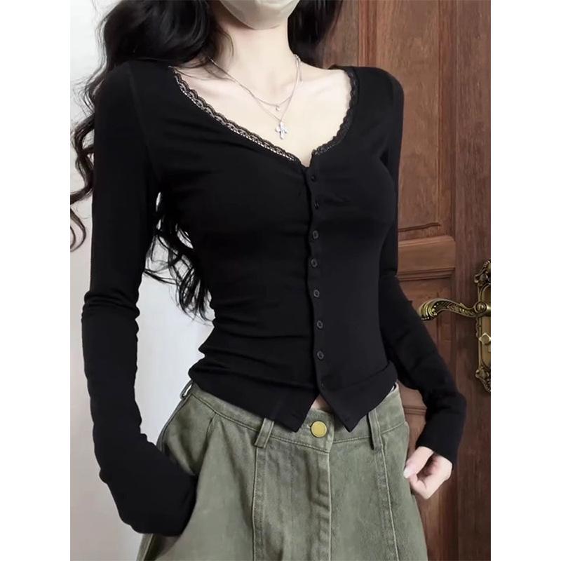 Elegant Lace-Trim V-Neck Slim Fit Long-Sleeve Top for Women - Spring Collection