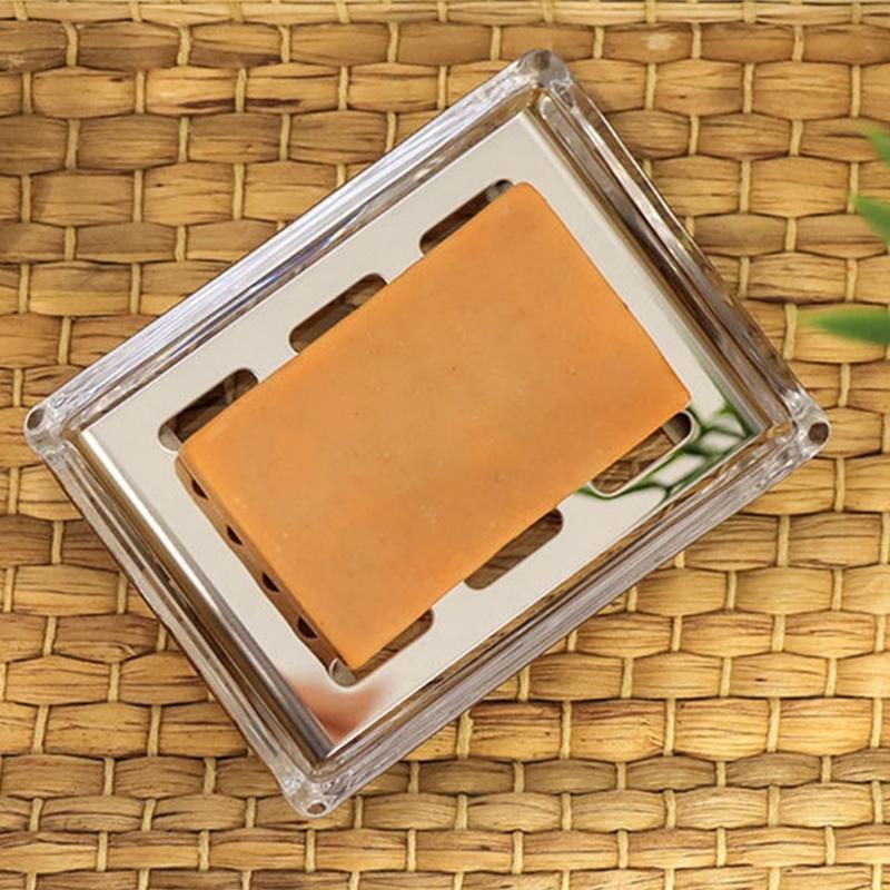 Bathroom Sink Glass Soap Dish with Metal Drain Tray, Freestanding Rectangular Design for Countertop Wash Area Use