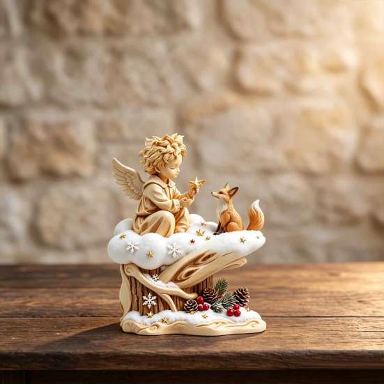 Warm Atmosphere Ornaments Fairy Tale Little Boy and Fox Wooden Figurine, Rustic Desktop Statue, Artistic Carved Decorative Tabletop Figurines