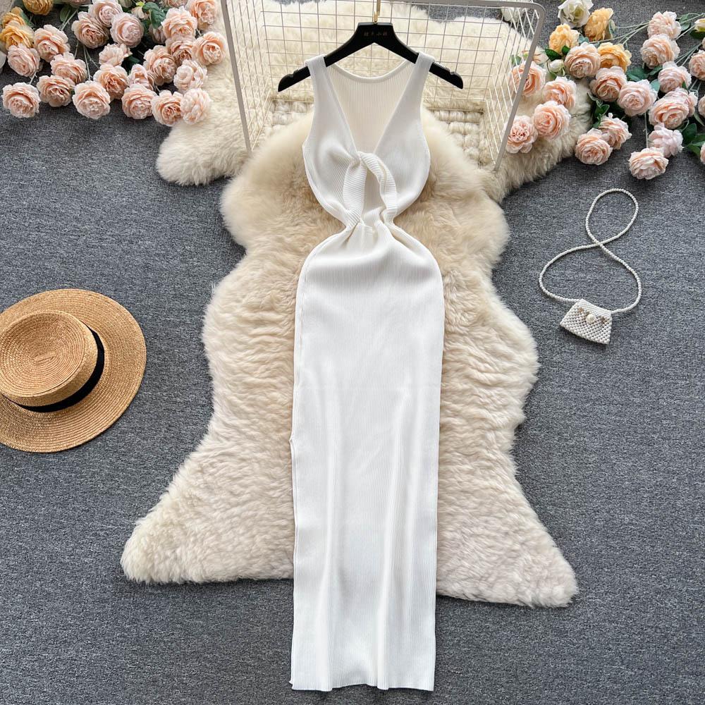 women's Ribbed Knit Maxi Dress Sleeveless Bodycon Split Hem Two Way Summer Long Dress