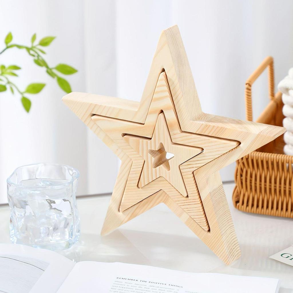 Christmas Star Table Decor 3 Pieces Farmhouse Holiday Decoration Wooden Star Tabletop Centerpiece Sign for Desk Coffee Table