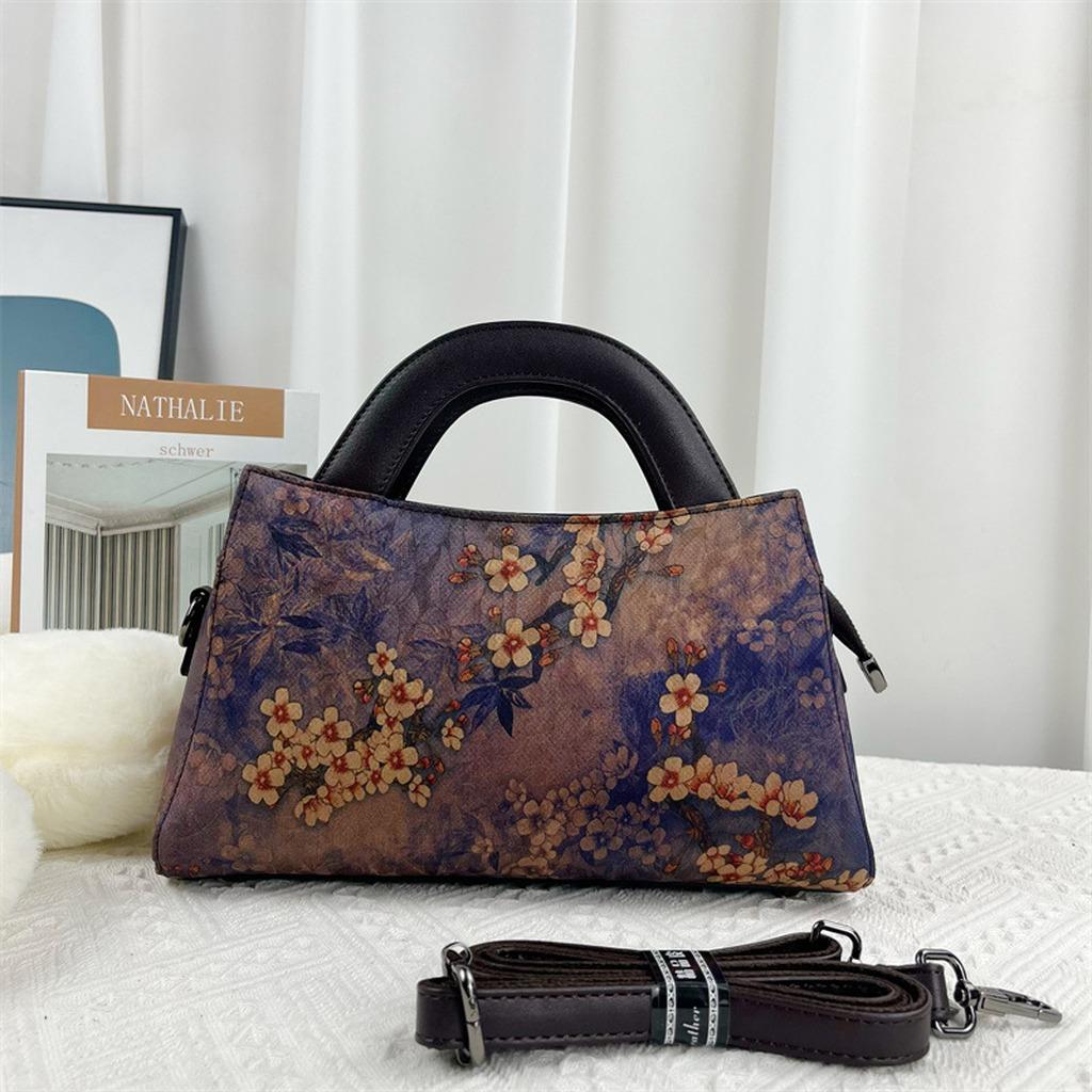 Chinese Style Ink Painting Handbag Women Vintage Crossbody Bag Oriental Aesthetic Tote Shoulder Bag With Detachable Strap