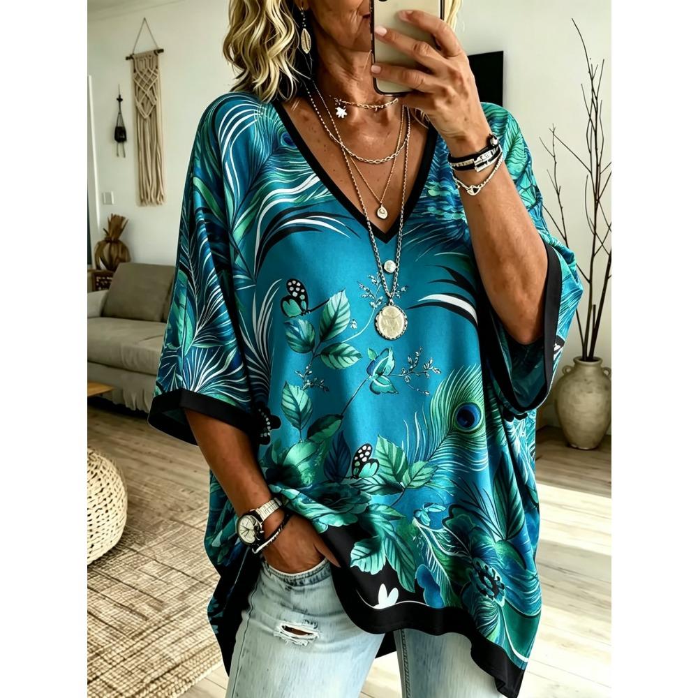 Printed Large Size Women's Abstract Flower Printed V-neck Bat-sleeve T-shirt, Lazy Style, Loose, Flesh-covering and Slimming Casual Top