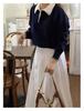 Korean Style Casual Slimming Long Sleeve Color Block Polo Collar Knit Sweater for Women