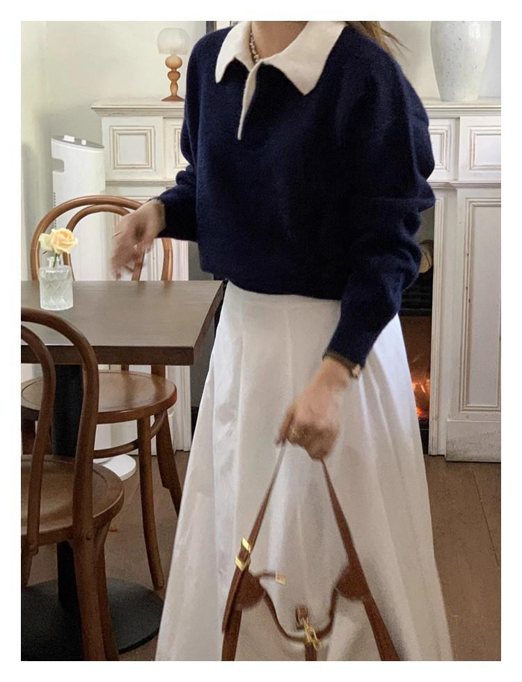 Korean Style Casual Slimming Long Sleeve Color Block Polo Collar Knit Sweater for Women