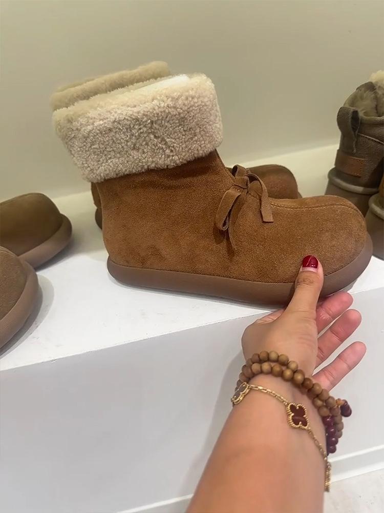 Nai Pie~ Fur integrated fleece warm fluffy cotton boots women's retro wind short boots bow non-slip snow boots