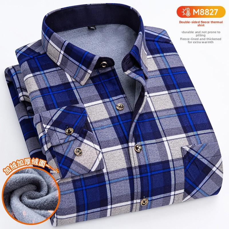 Plus Size Men's Thermal Shirt Men's Winter Fleece-Lined Thickened Checkered Long-Sleeved Shirt