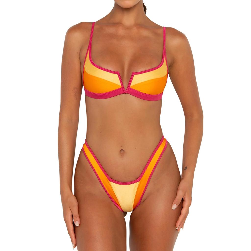 2025 V-Neck Color Block Push-Up Bikini with Split Design