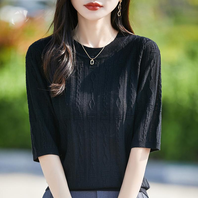 Worsted Wool Five-Quarter-Sleeved Knitted Sweater Women'S Summer New Embossed Jacquard Half-Sleeved Bottomed Shirt Thin T-Shirt Top