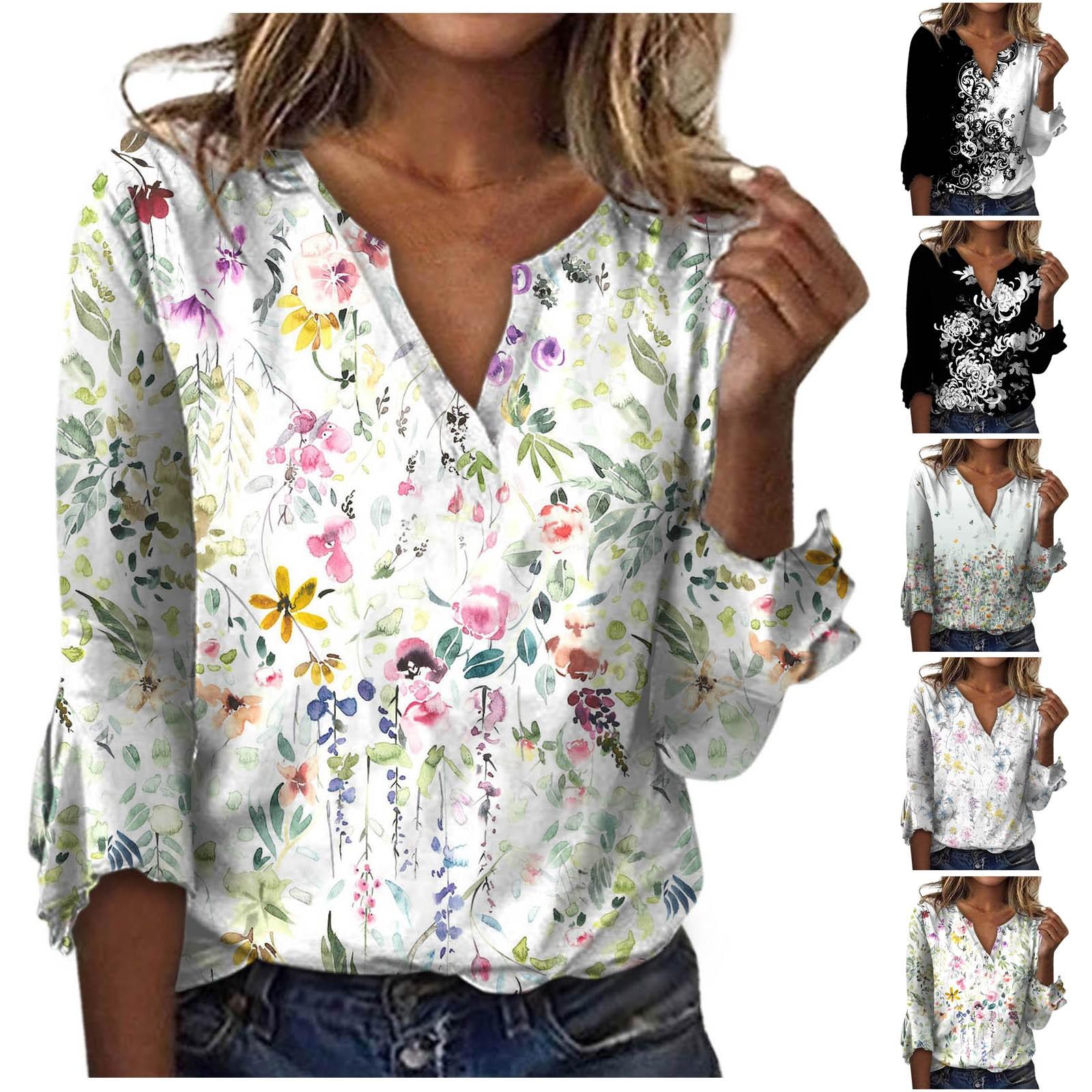 

Женская мода с v-образным вырезом и принтом, рукава 3/4, футболка с принтом, тонкий топ, повседневные топы