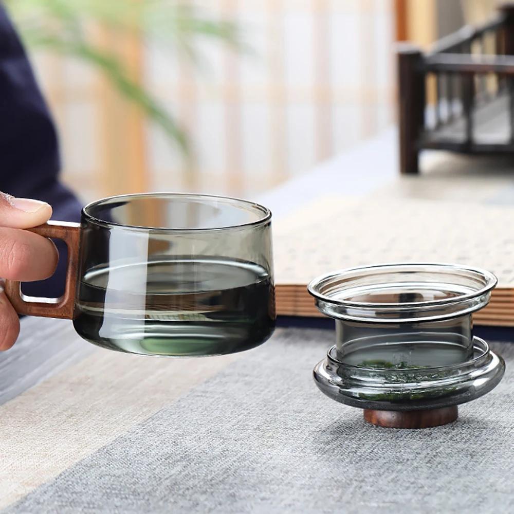 Wooden Handle Glass Teacup With Lid With Filter Cup Tea Water Separator Heatproof Kung Fu Tea Set Office Teacup