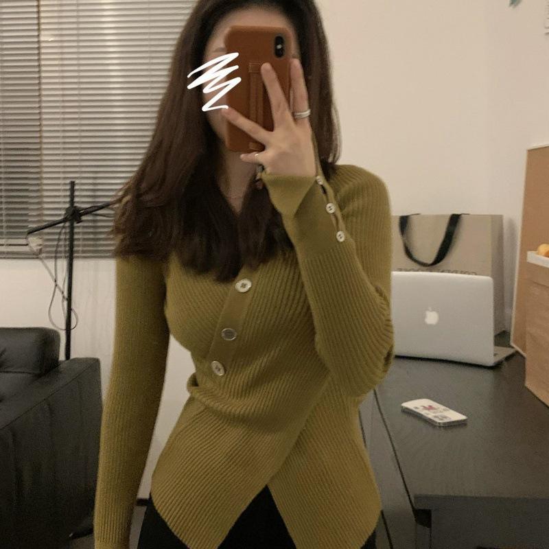 Spring and Autumn Women's Knitwear Long Sleeve Slim Split V-Neck Spice Top Inner White Bottom Shirt