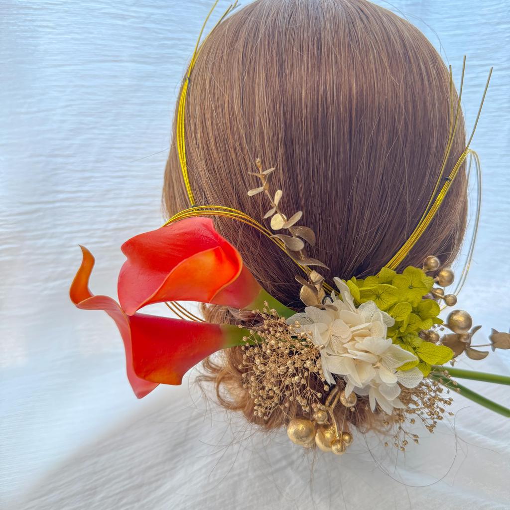 Calla Lily Orange Hair Ornament, Dried Flower, Mizuhiki (decorative Cord), Gold Leaf, for Coming-of-Age Ceremony, Traditional Japanese Attire,