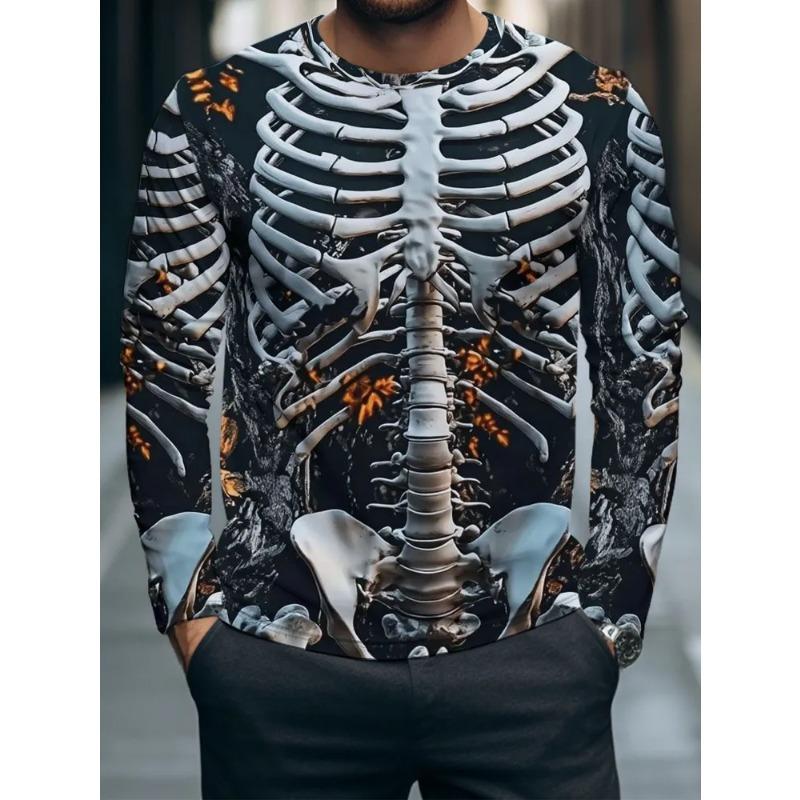 Autumn Men's 3D Horror Skull Print Crew Neck Long Sleeve T-Shirt