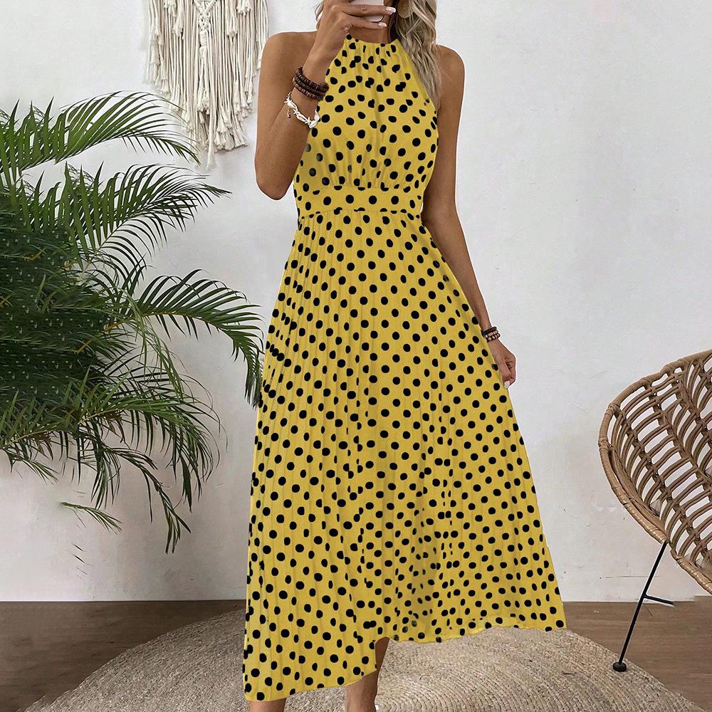 European and American Women's Clothing Spring and Summer Fashion Printing Polka Dot Round Neck Long Dress Women's Dress
