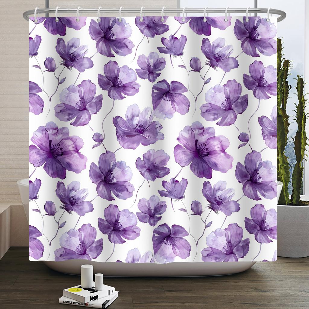 Purple Floral Shower Curtain Watercolor Flowers Leaves Bathroom Decor Bath Curtains Waterproof Polyester Fabric With 12 Hooks