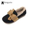 Fashion Nubuck Cow Leather Flats Woman Silk Bow-knot Furry Loafers Ladies Plush Winter Shoes Plus Size 35-42 Genuine Leather Moccasins