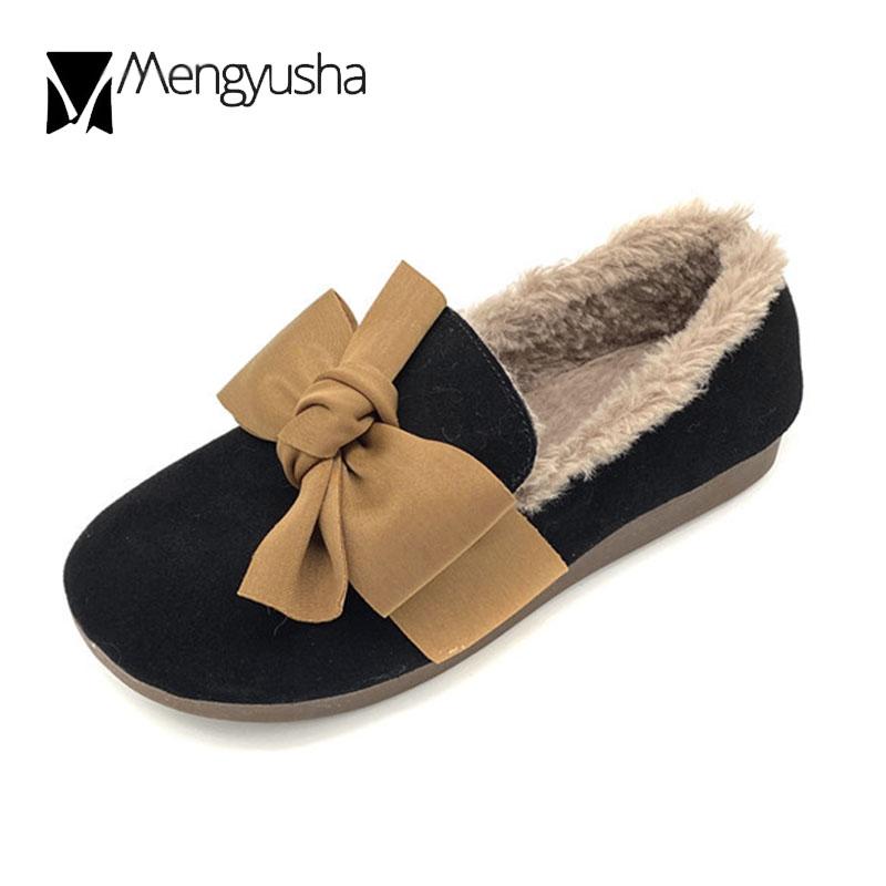 Fashion Nubuck Cow Leather Flats Woman Silk Bow-knot Furry Loafers Ladies Plush Winter Shoes Plus Size 35-42 Genuine Leather Moccasins