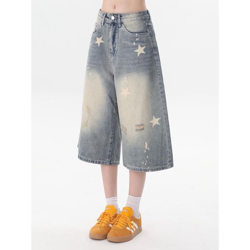 Women American Retro Distressed Star Print Loose Denim Cropped Pants
