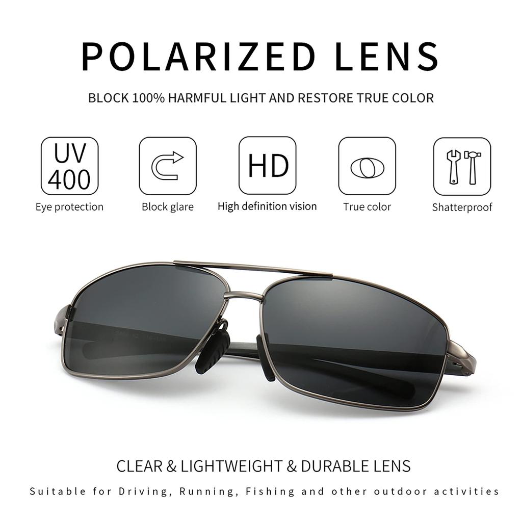 Men's Polarized Rectangular Sunglasses Color Change Aluminum-Magnesium Alloy Frame UV400 Protection Spring Hinge Sunglasses