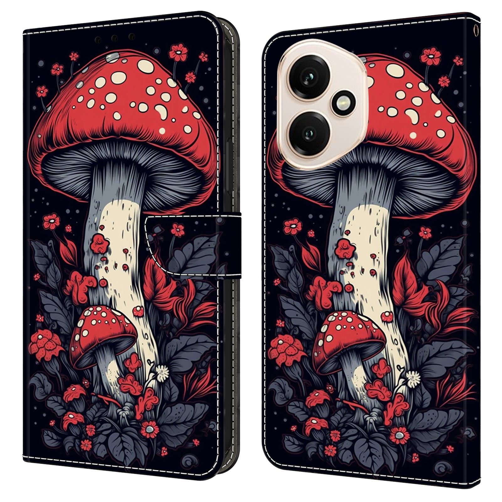 

For Honor 400 5G (Global) Leather Case Pattern Printing Wallet Stand Flip Phone Cover Red Mushroom