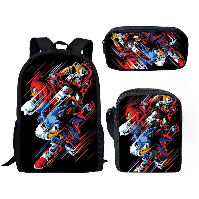 Sonic Backpack Set for Kids 3-Piece Anime Cartoon School Bag Boys Girls Lightweight Anti-Theft Bookbag with Pencil Case & Lunch Bag