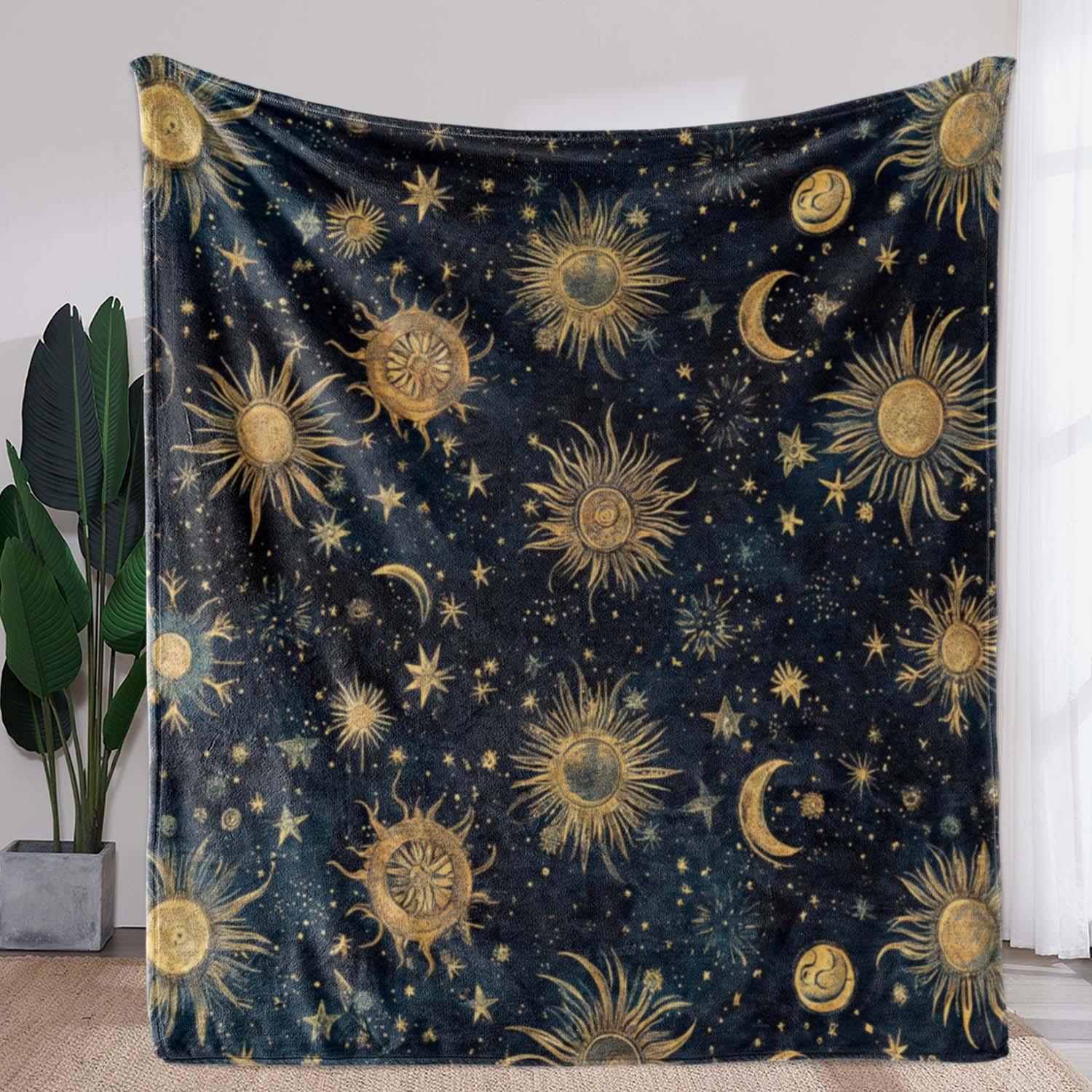 Textilien Unisex Coral 1Pc Vintage Sun Moon Stars Print Flannel Blanket, Soft Cozy All-Season Throw For Sofa Bed Couch Car Office, Digital Print Polyes