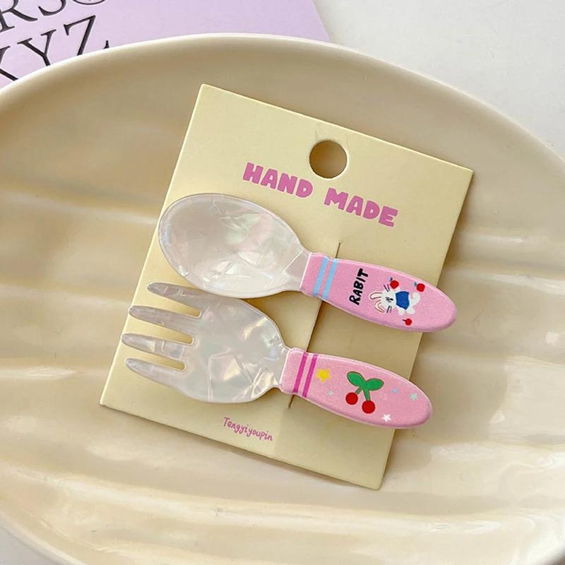 2Pcs/set Fashion Acrylic Spoon Fork Cake Hairpin Creative Cute Duckbill Clip Bangs Clip For Women Girl Kawaii Hair Accessories