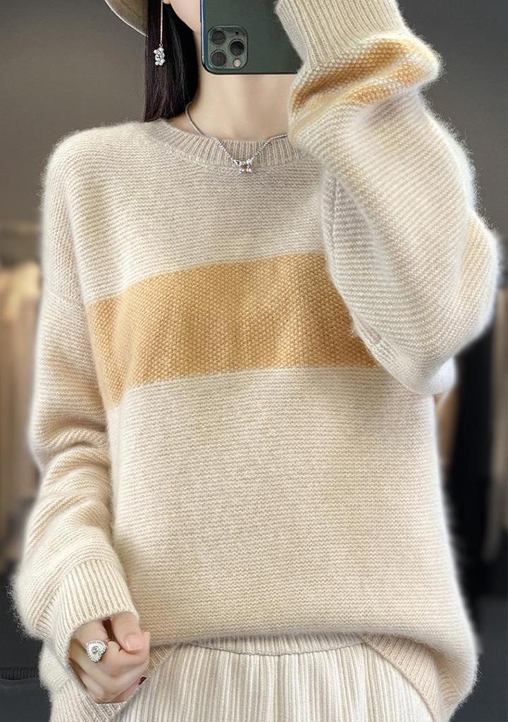 Women's Pure Wool Color Block Round Neck Sweater - Long Sleeve, Loose Fit, Autumn/Winter Knit Top