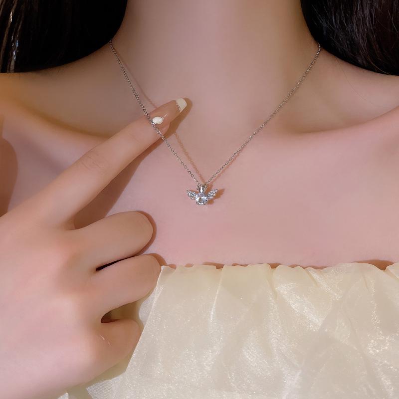 Exquisite S925 Sterling Silver Angel Wings Crown Pendant Necklace with Shiny Zircon and Rhinestones