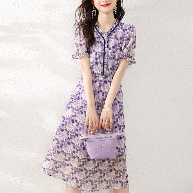 

Новое летнее дизайнерское платье для поездок на работу из искусственного шелка Mulberry с V-образным вырезом и закрытой талией 2XL фиолетовый