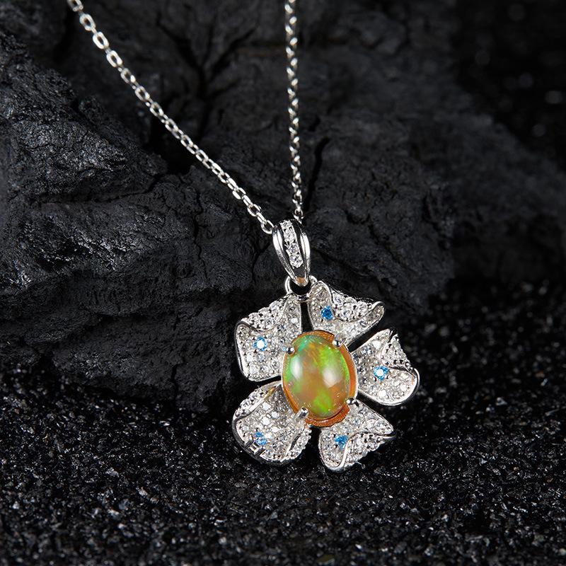Xiaohongshu Earrings Flower Pendant S925 Sterling Silver Inlaid Natural Opal Gemstone Necklace Women'S Jewelry