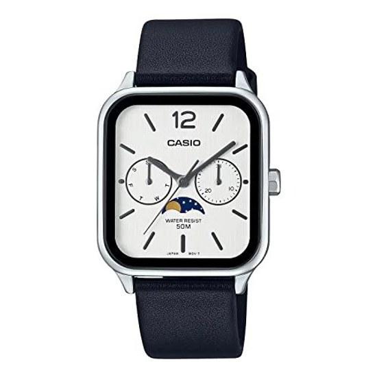 CASIO Standard Moon Phase Analog Mens Watch MTP-M305L-7AV Black Leather Band Silver Overseas Model