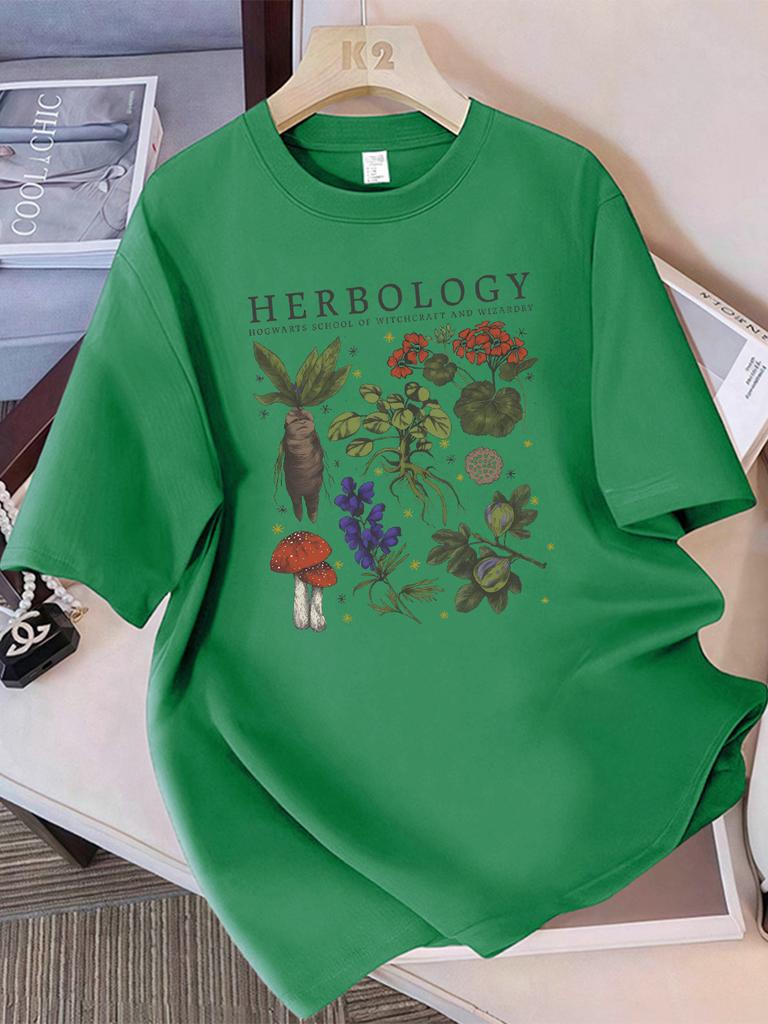 Summer T-Shirts Women Cotton Herbology Plant Composition Printed Tops O-Neck Comfortable Loose Short Sleeve Casual Woman Clothes
