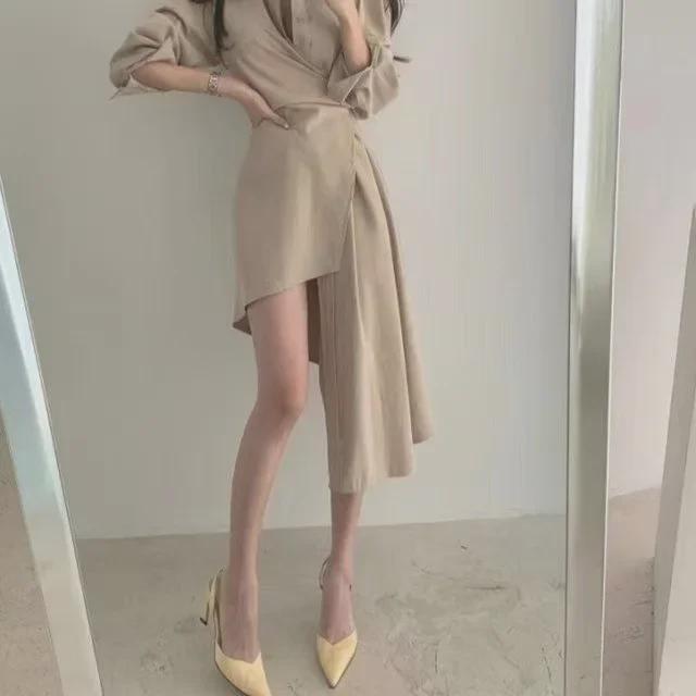 Niche French Slim Irregular Shirt Dress - Spring & Autumn, Waist-Slimming, Belly-Covering