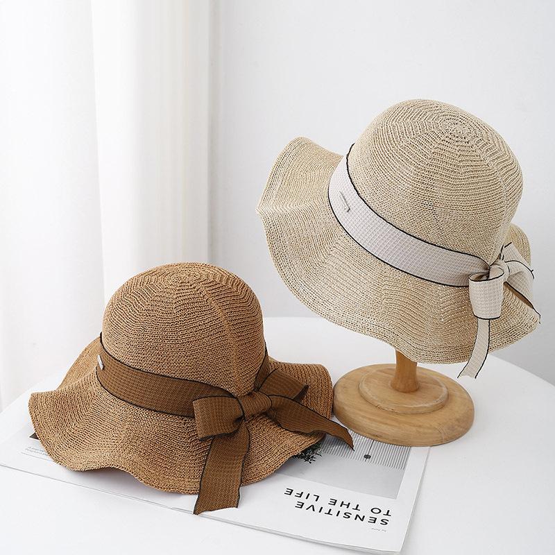 Women's Fisherman Hat With Bow Ribbon Metal Label Breathable Sun Protection Wide Brim Sun Hat For Outdoor Travel Korean Style