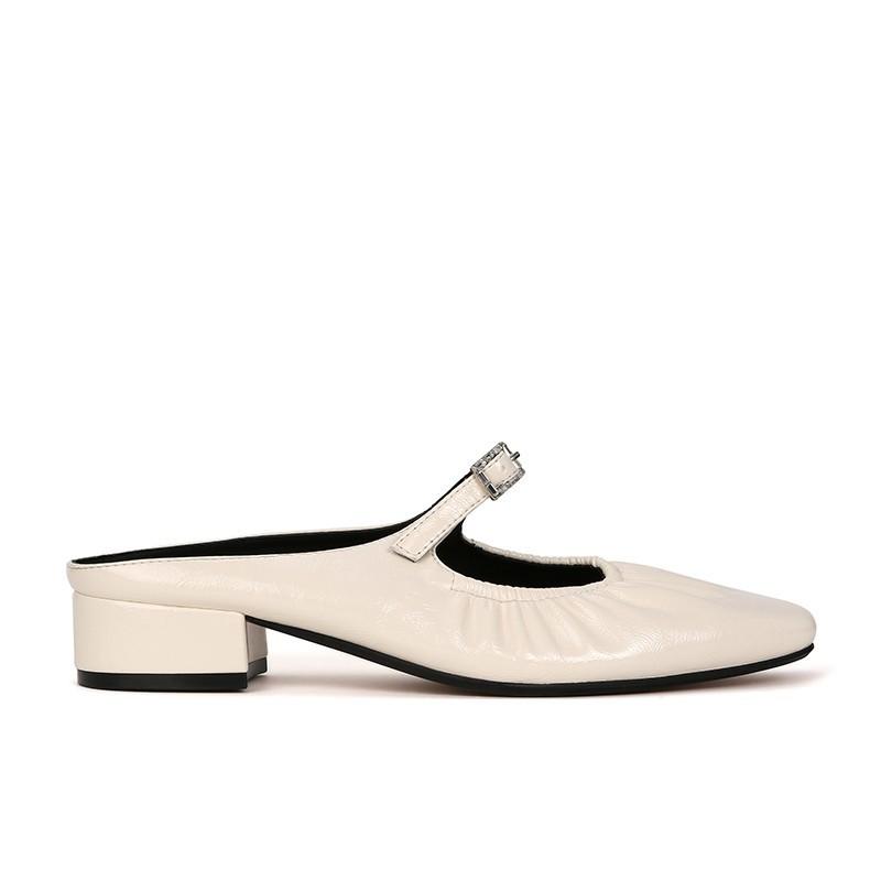

Sheepskin~ Su Yinyin square head Mary Jane high heels pleated bag head thick heel slippers women s summer wear cool slippers 40