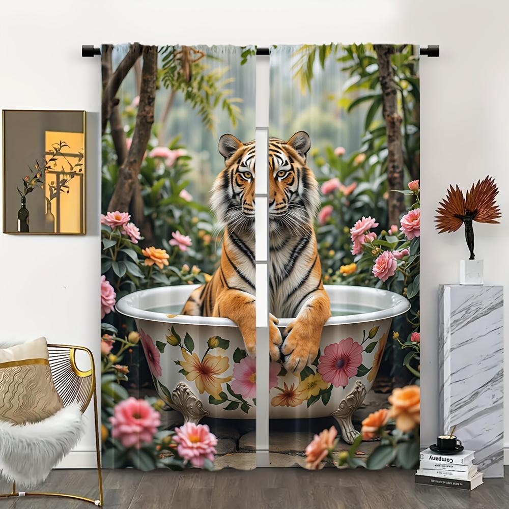 2pcs Curtains,Vibrant Watercolor Tiger Curtain Decorative Drapes for Living Room with Rod Pocket, Machine Washable, Fade Resista