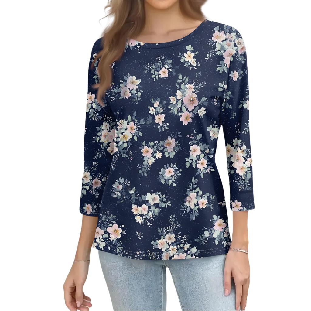 Women's Casual Floral Print Three Quarter Sleeve Crew Neck Top Lightweight Soft Fabric Comfortable Fit Daily Wear