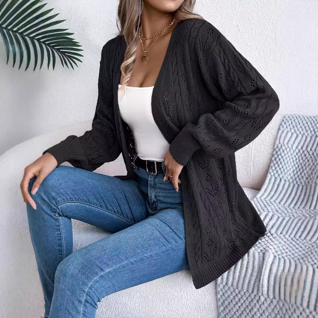 

GMXIA Autumn and Winter Casual Solid Color Openwork Long-sleeved Cardigan Sweater Jacket Women s Wear XL чёрный