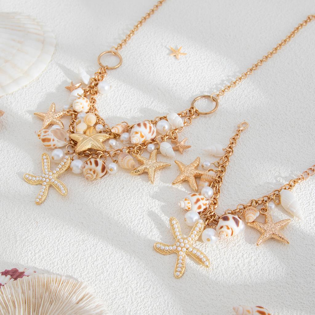 Boho Ocean Starfish Conch Tassel Pendant Choker Necklace Chain Bracelet Summer Beach Vacation Jewelry Set Gift