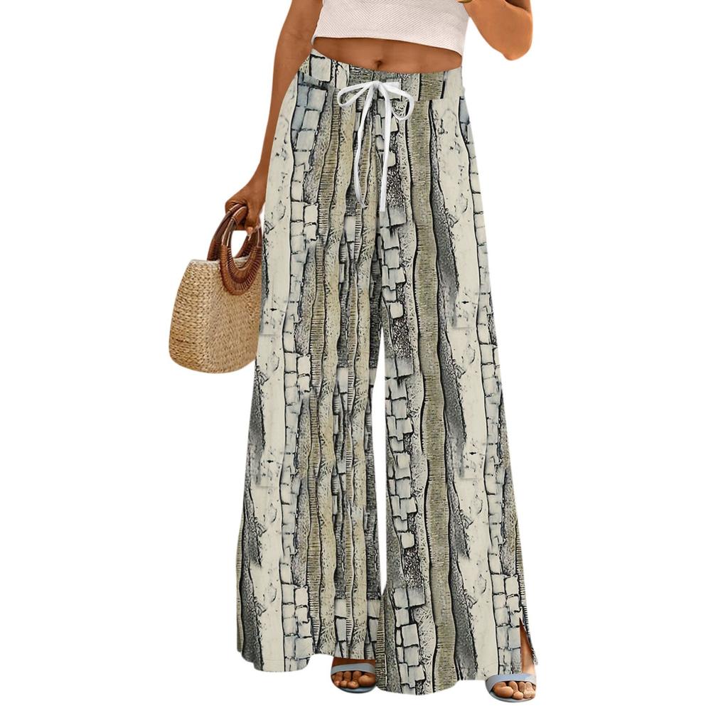 Women's Printed Wide Leg Pants With Pockets High Waist Drawstring Loose Casual Pants