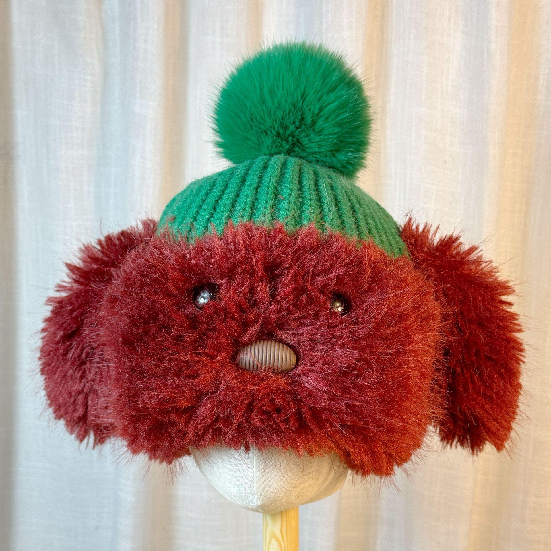 

Cute Funny Puppy Plush Hat for Women in Winter Plus Velvet To Keep Warm and Sweet Knitted Ear Protection Hat Showing Face Small Woolen Hat one size