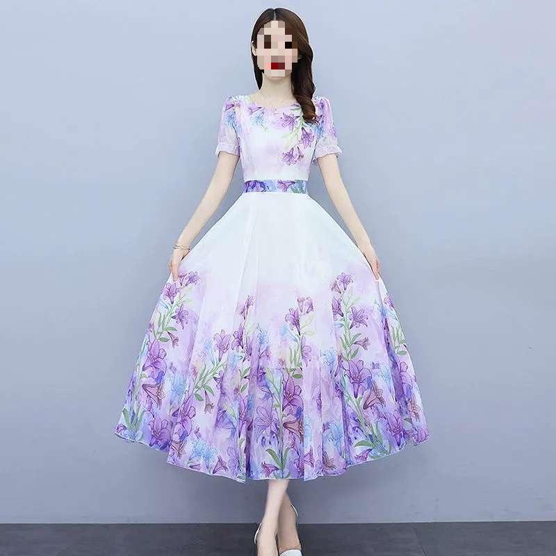 Women's Short-Sleeve Elegant Floral Chiffon Dress, Summer 2026, Round Neck, Tall Slimming Fit, Wide Hem Long Skirt