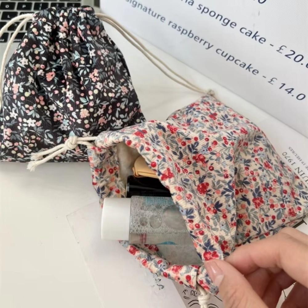 Portable Cute Corduroy Lipstick Cosmetic Bag Floral Print Tote Coin Purse Small Jewelry Organizer Packaging Pouch Bags Women