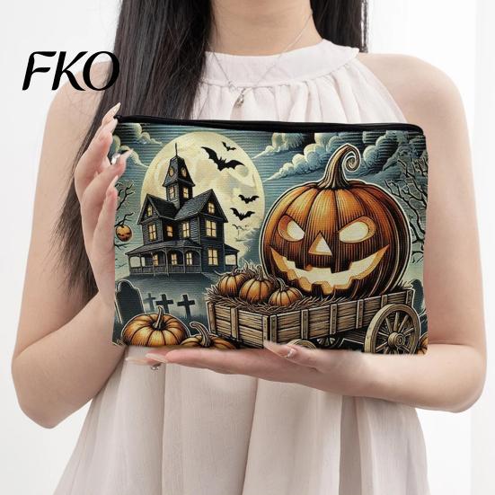 Halloween Storage Bag Bag, Large Capacity Cosmetic with Pumpkin Black Zipper Pouch Castle Skull Print, Smooth Thickened Canvas Toiletry Student School